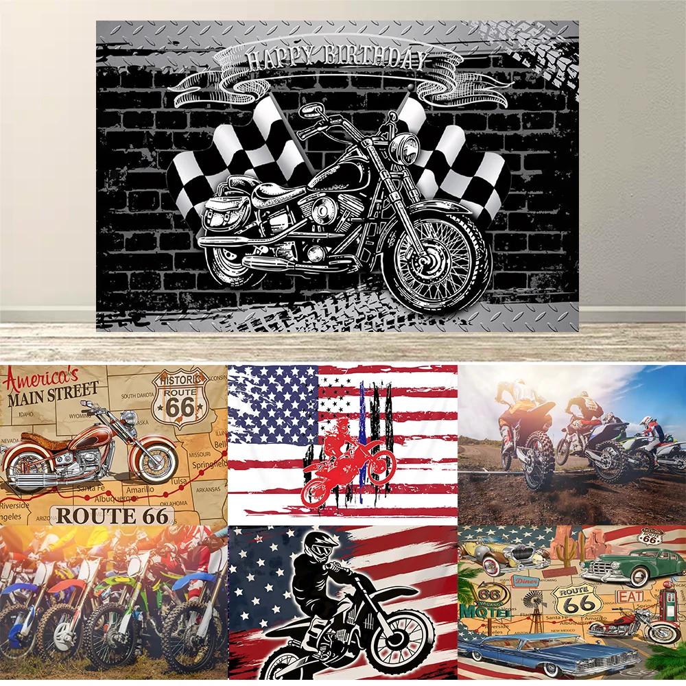 Motorrad-Geburtstagshintergrund für Fotografie, coole schwarz-weiße Flagge, Ziegelwand-Hintergrund, Männer-Geburtstagsdekoration, Fotokabinen-Requisiten