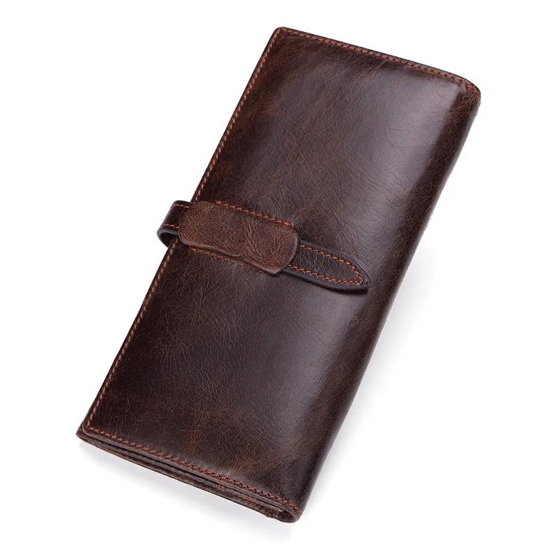 Retro Wallet Men Genuine Leather Long Wallet RFID Blocking Credit Card Holder Waxed Leather Business Clutch Purses