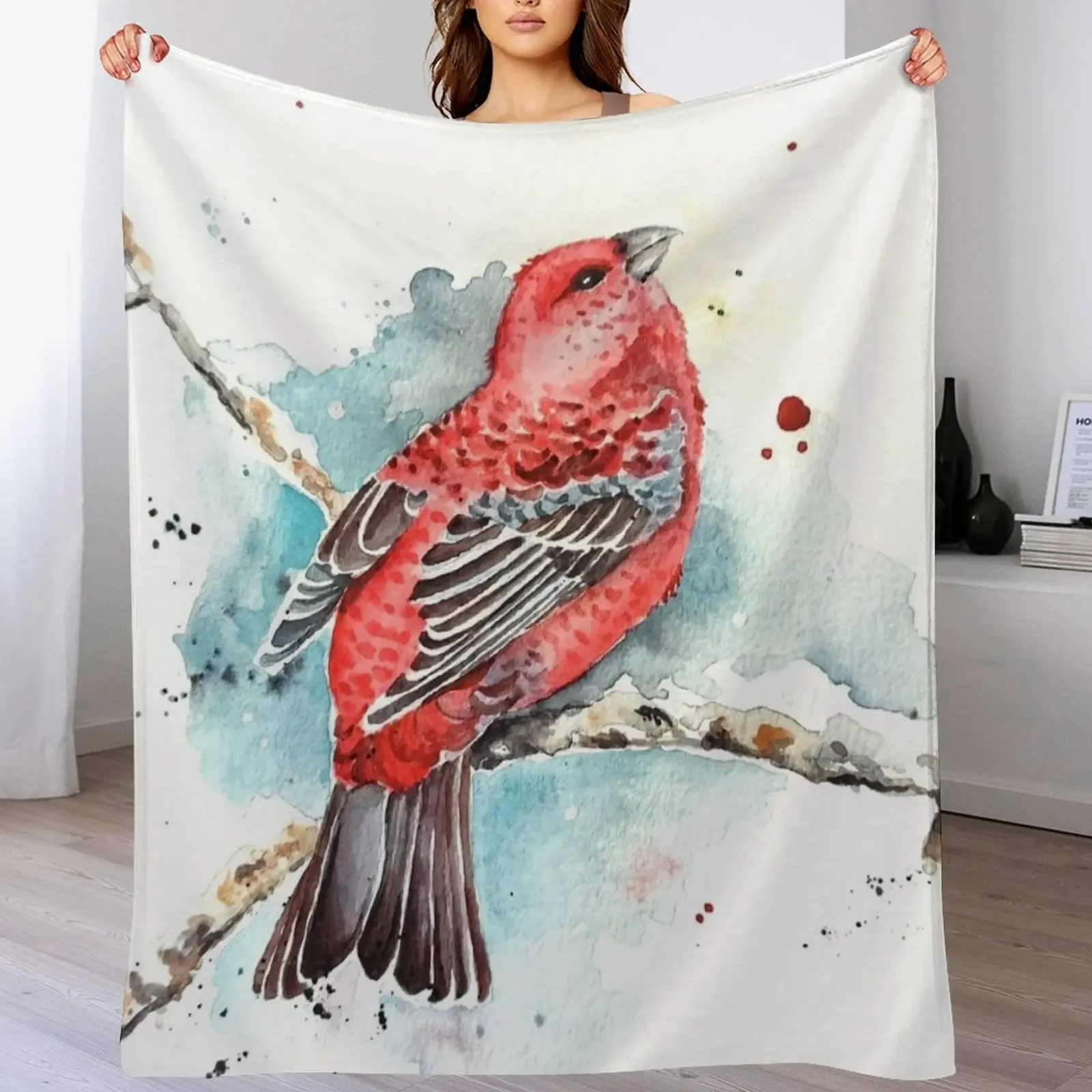 Watercolor Red Winter Bird Throw Blanket Long Lasting Soft Plush Blanket for Daily Use