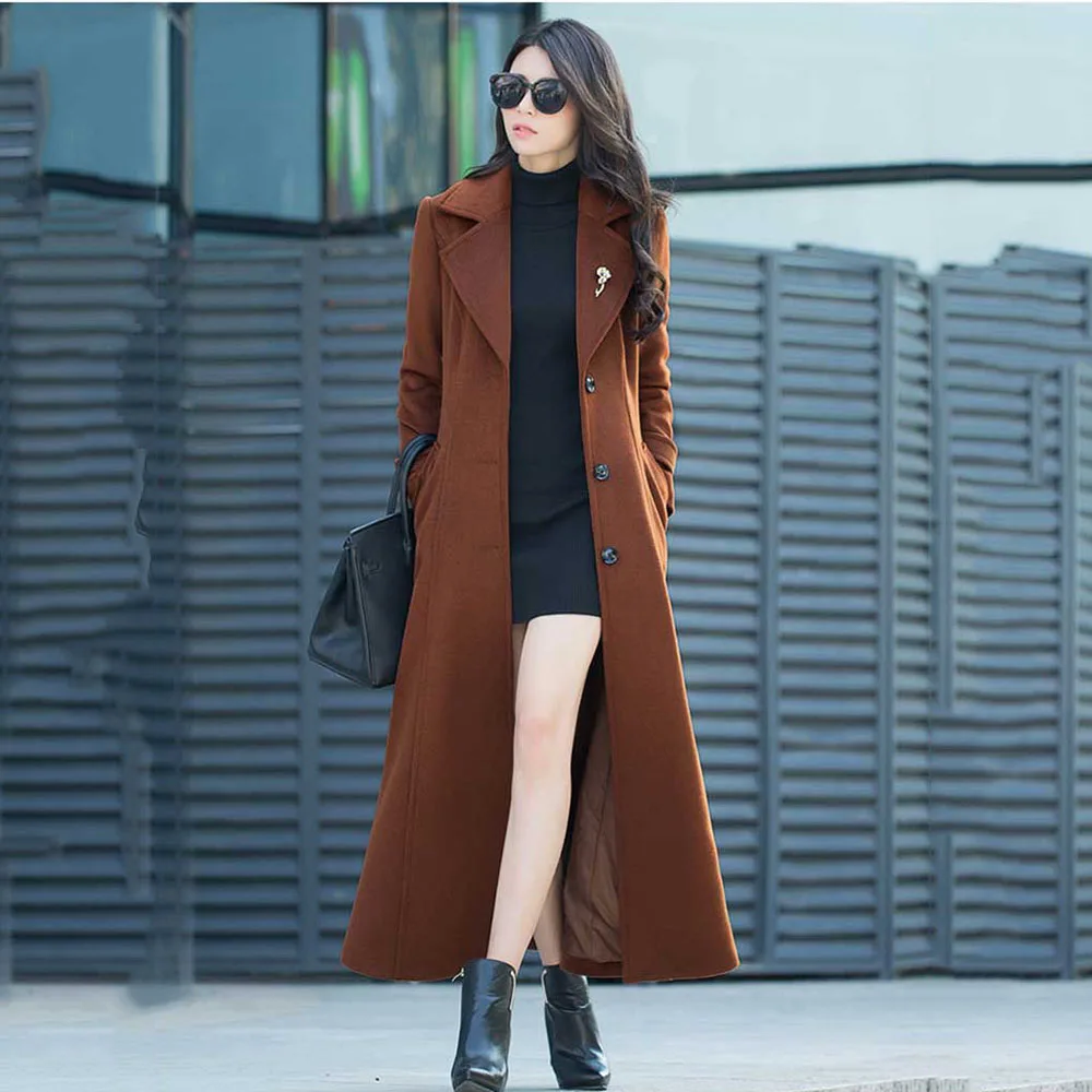 Fashion Woolen Coat Women's New Woolen Coat In Winter Slim Hepburn Style Super-long Over-the-knee Temperament Coat Women's Tide.