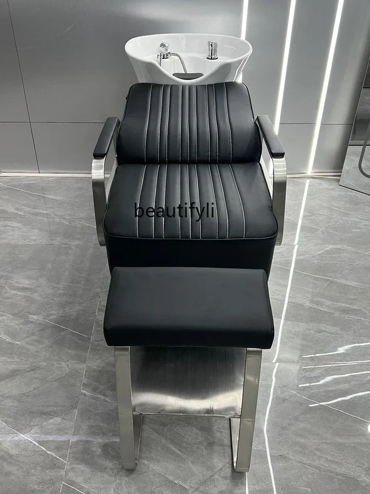 Barber Shop Shampoo Chair Hair Salon Punch Bed Stainless Lying Half Steel Ceramic Basin Flush