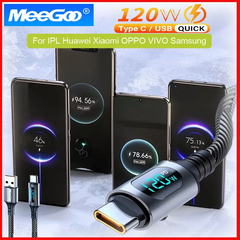 120W 6A Super Fast Charging Data Cable Digital Display USB Type C Charging Anti-break Quick Charging Data Cord General 1M/2M New