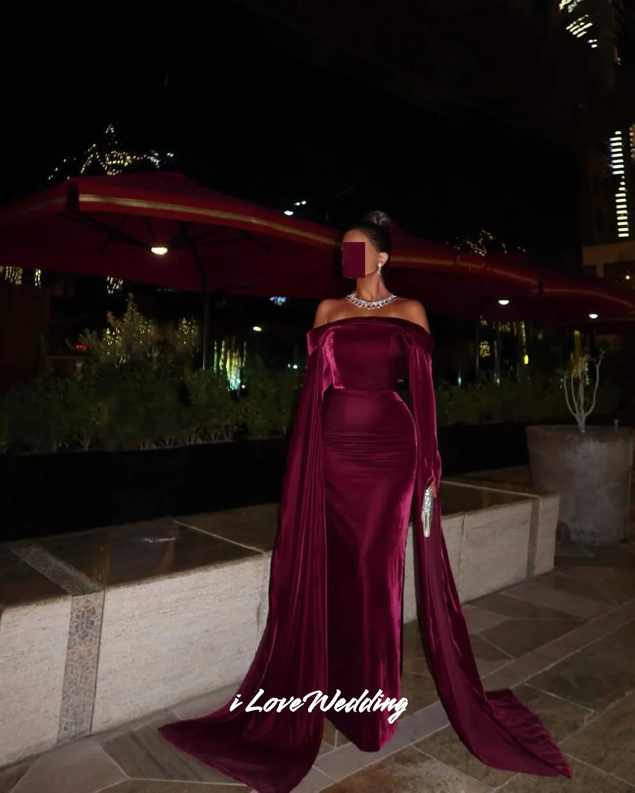

Fuschia Strapless Velvet Prom Dress Shawl Long Sleeve Mermaid Floor-Length فساتين سهرة Split Elegant Pleated Customize