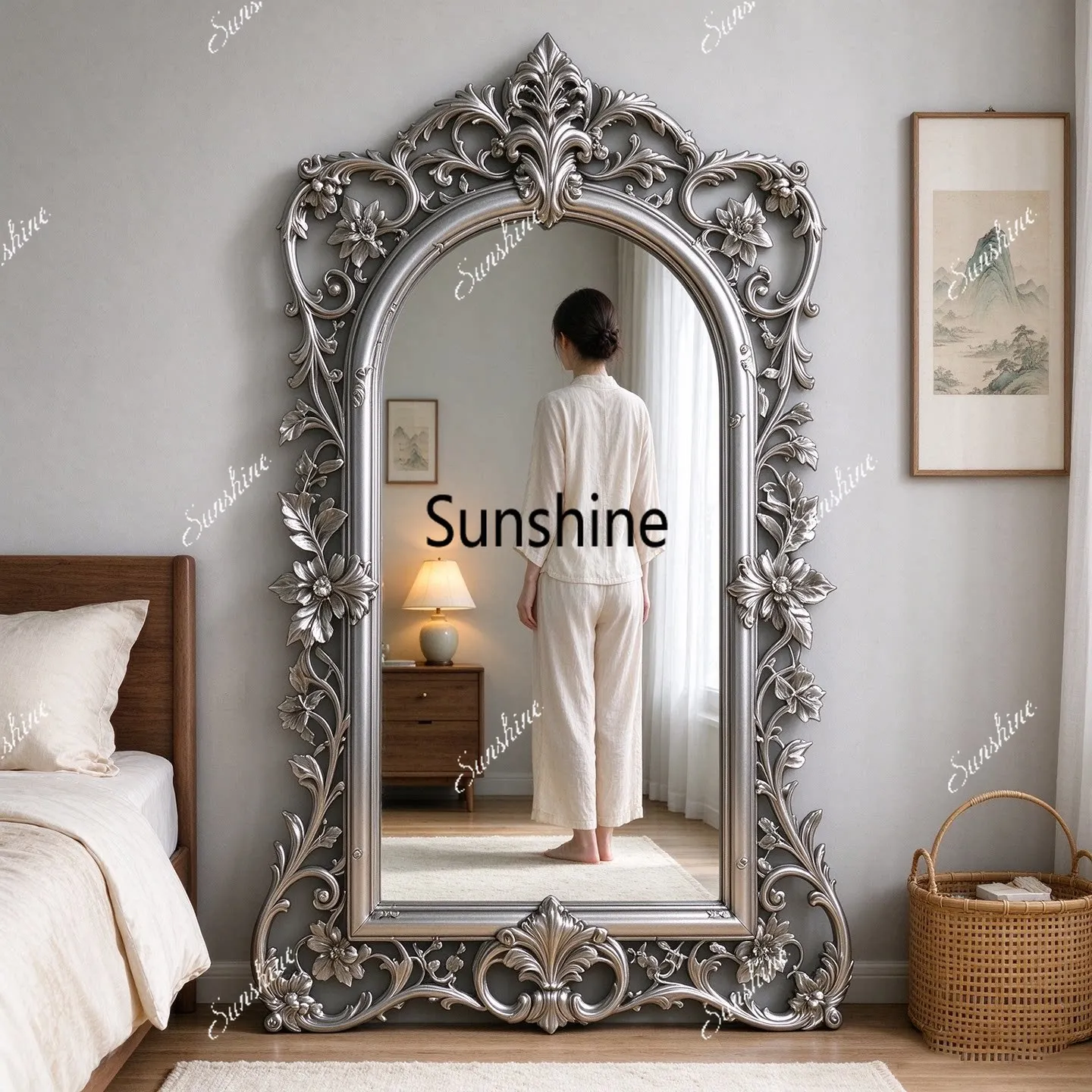 French retro full-body mirror household simple carved floor mirror