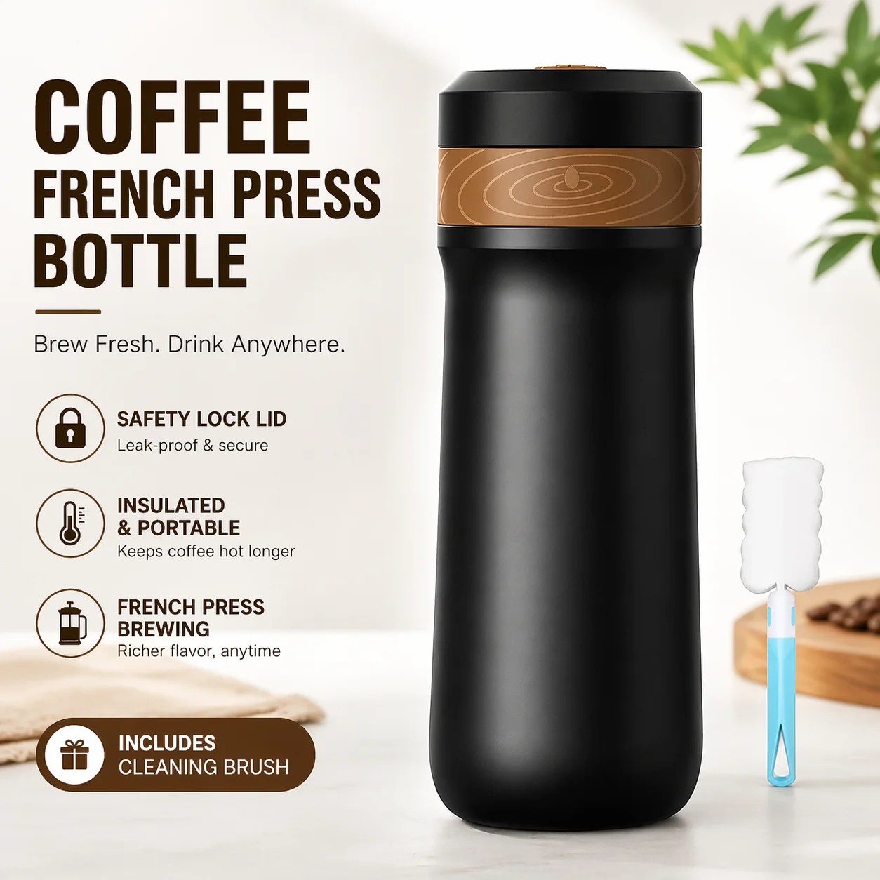 Portable French Press Coffee Mug 320ml Travel Thermos 304 Stainless Steel Double Filter Keeps 8H Hot 12H Cold
