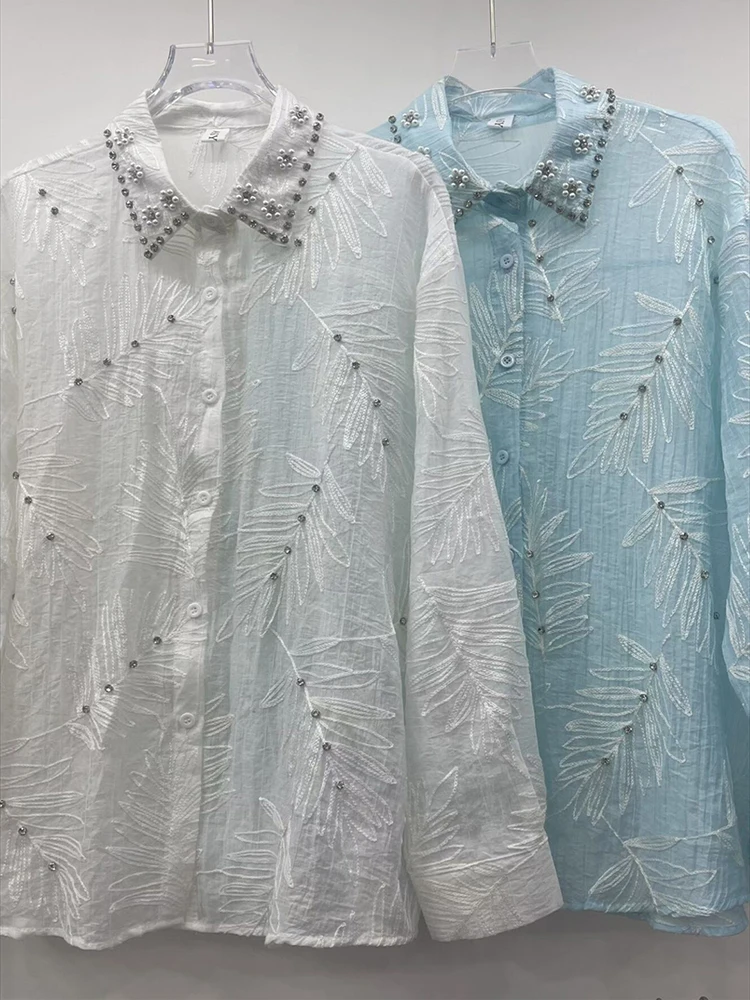 

Luxury Pearls Beads Stitch Oversize Blouses Shirts Women 2025 Spring Summer New Fashion Trend Loose Casual Pink Tops Blusas