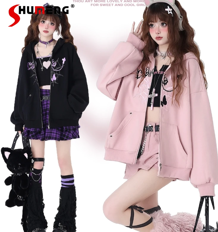 Original Sweet Punk Hooded Zip Up Hoodie Woman 2024 Early Spring New Streetwear Women Loose All-Match Long Sleeve Hoodies Coat