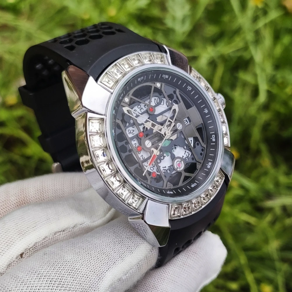 

Аналоговые часы в стиле стимпанк с бриллиантами, кварцевые, мужские, с ажурным циферблатом, светящиеся, с силиконовым ремешком, черные, классические, мужские часы AAA, Reloj
