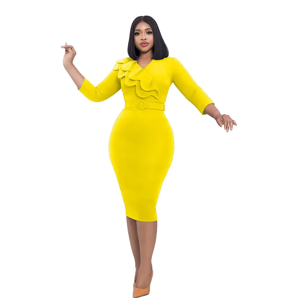 Polyester African Dresses for Women Elegant Autumn African 3/4 Sleeve V-neck Red Green Yellow Black Bodycon Dress With Belt