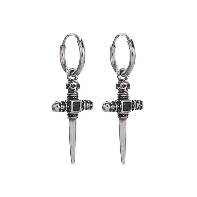 Boucles d'oreilles classiques néo-gothiques pour hommes et femmes, bijoux hypoallergéniques, crâne, épée, croix, Hip Hop, Rock