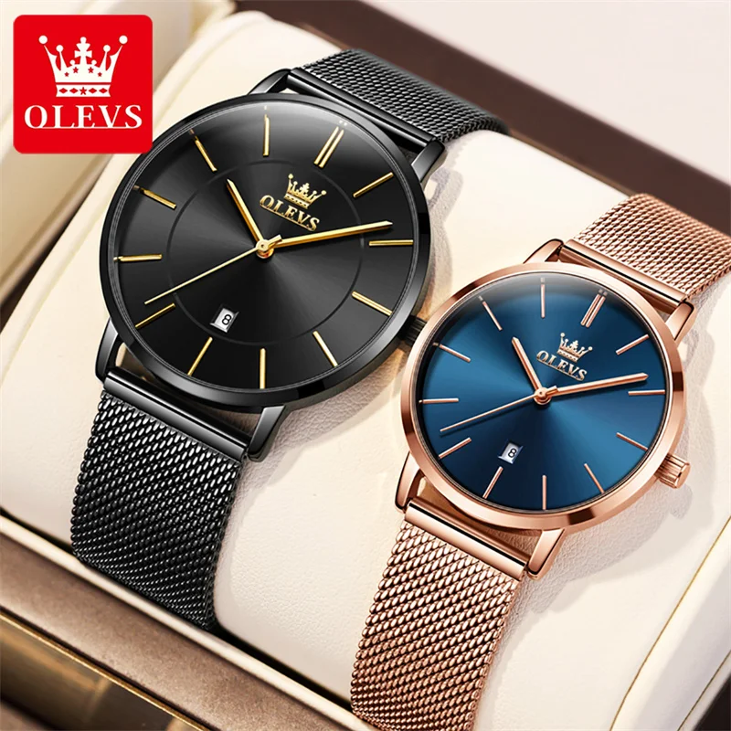 OLEVS Ultra Thin Couple Watches Men and Women Luxury Brand Fashion Mesh Belt Quartz Pair Lovers Watch Gifts For Birthday Reloj