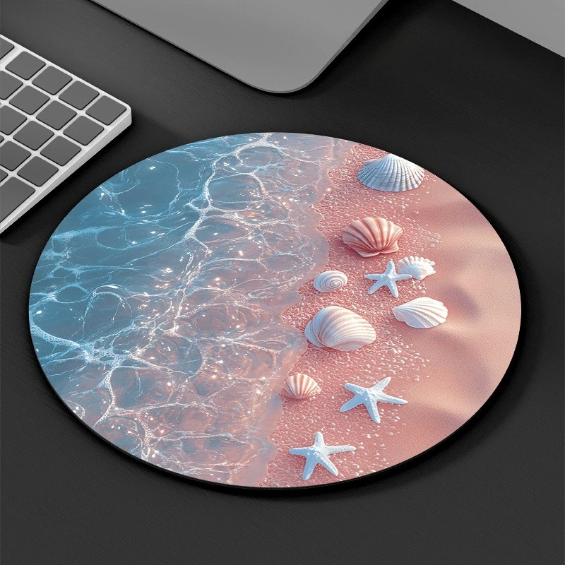 Pink beach pattern, circular, portable, durable, textured, comfortable mouse pad, computer desktop decoration, high quality