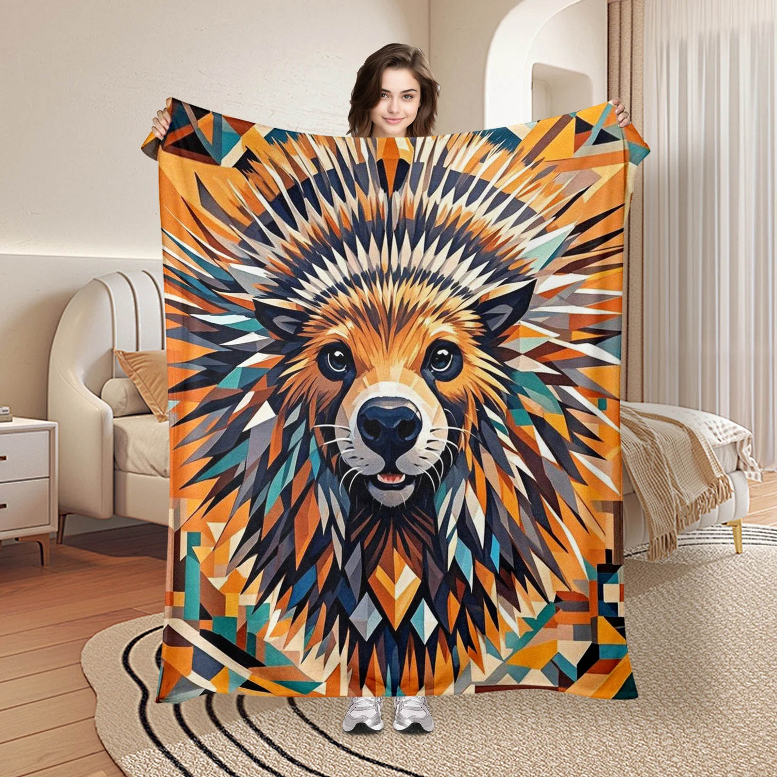 

Porcupine With Geometric Shapes Yellow And Blue Design Blanket For A Bold And Modern Home Decor With Graphic Appeal