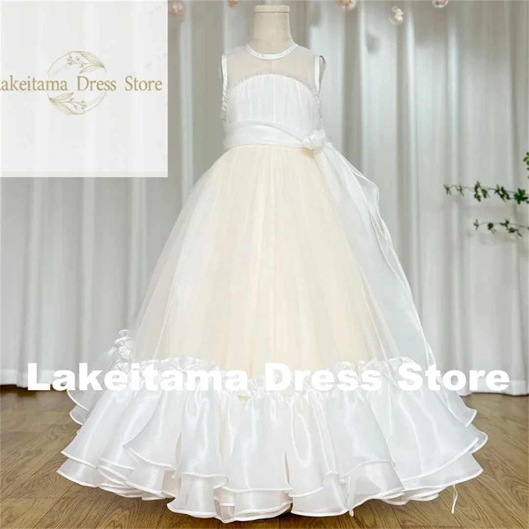 Customization Flower Girl Dresses Light Champagne Tulle Satin Tiered With Bow Ribbon Sleeveless For Wedding Birthday Banquet Pri