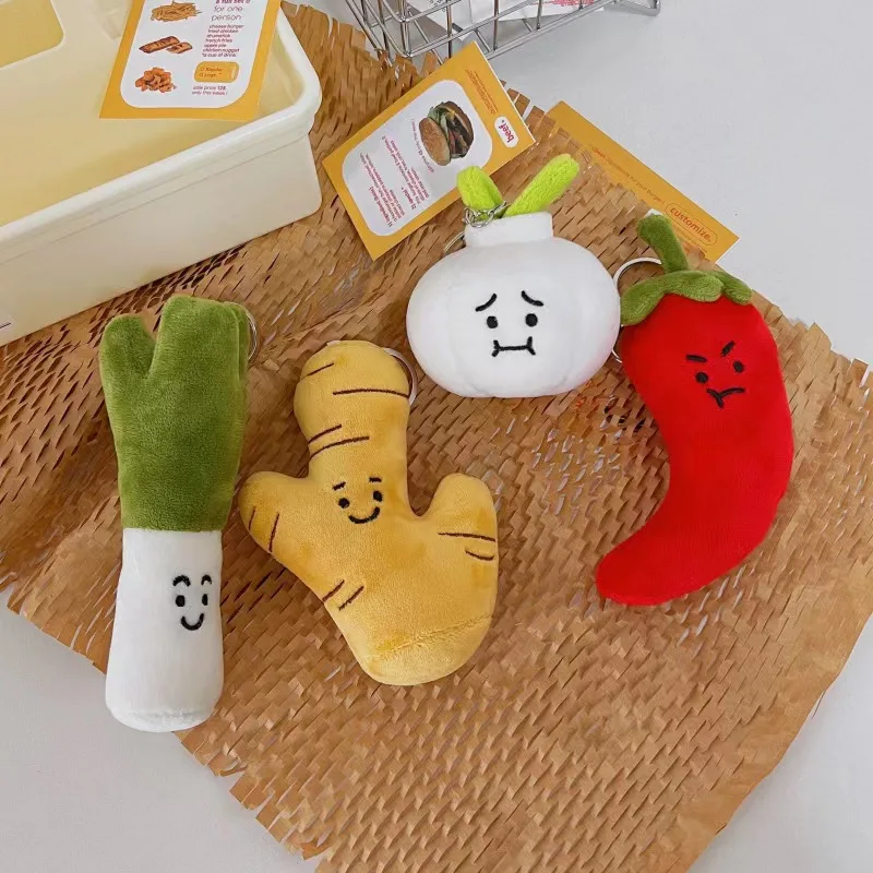 Cute Plush Vegettable Pendant Keyring Kawaii Design Hot Pepper Garlic Green Onion Shape Keychain Backpack Accessories Toy Gifts
