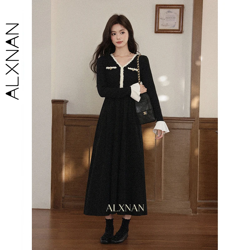 ALXNAN Black V-neck Long Dress Women Color Matching Casual Office Lady Elegant Long Sleeve Dresses 2025 Fall Female Dress L57662