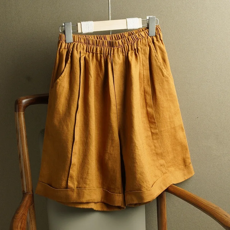 صيف جديد القطن الكتان بنطال ذو قصة أرجل واسعة مرونة عالية الخصر ثنيات عادية فضفاض كبير الحجم موضة الجمالية السراويل الفضفاضة الإناث