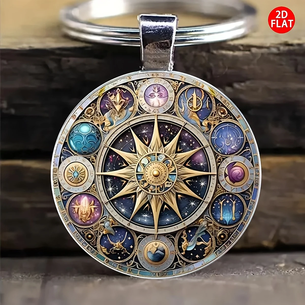 Retro Celestial Keychain. Sun, Moon & Stars with Zodiac Signs. Metallic Finish. Unisex Gift for Holidays & Anniversaries.
