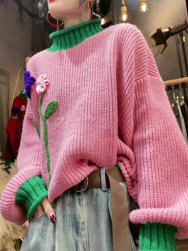 

European Spring Autumn Winter New Women's Fashion 2025 High-end Beautiful Pink Round Neck Sweater Outfit Top, Flower Pull