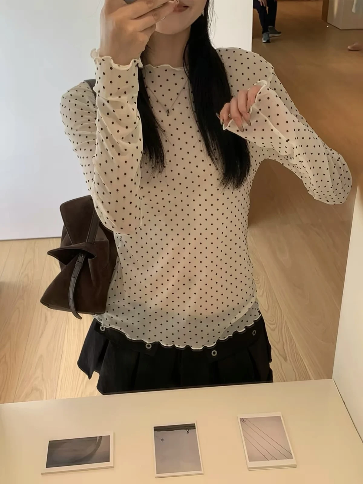 Early Autumn Lightweight Mesh Long Sleeve T-Shirt Women's round Neck Polka Dot Casual Top Breathable Moisture Wicking Slim Fit