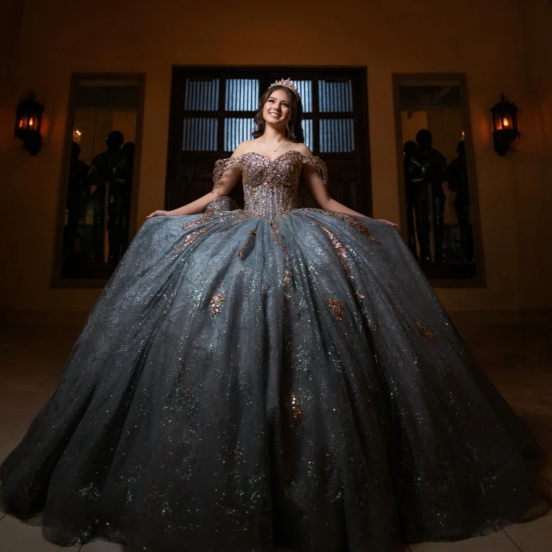 

Navy Blue Shiny Ball Gown Quinceanera Dresses Sequin Applique Lace Beading Crystal Bow Tull Corset Off Shoulder Sweet 16 Dress