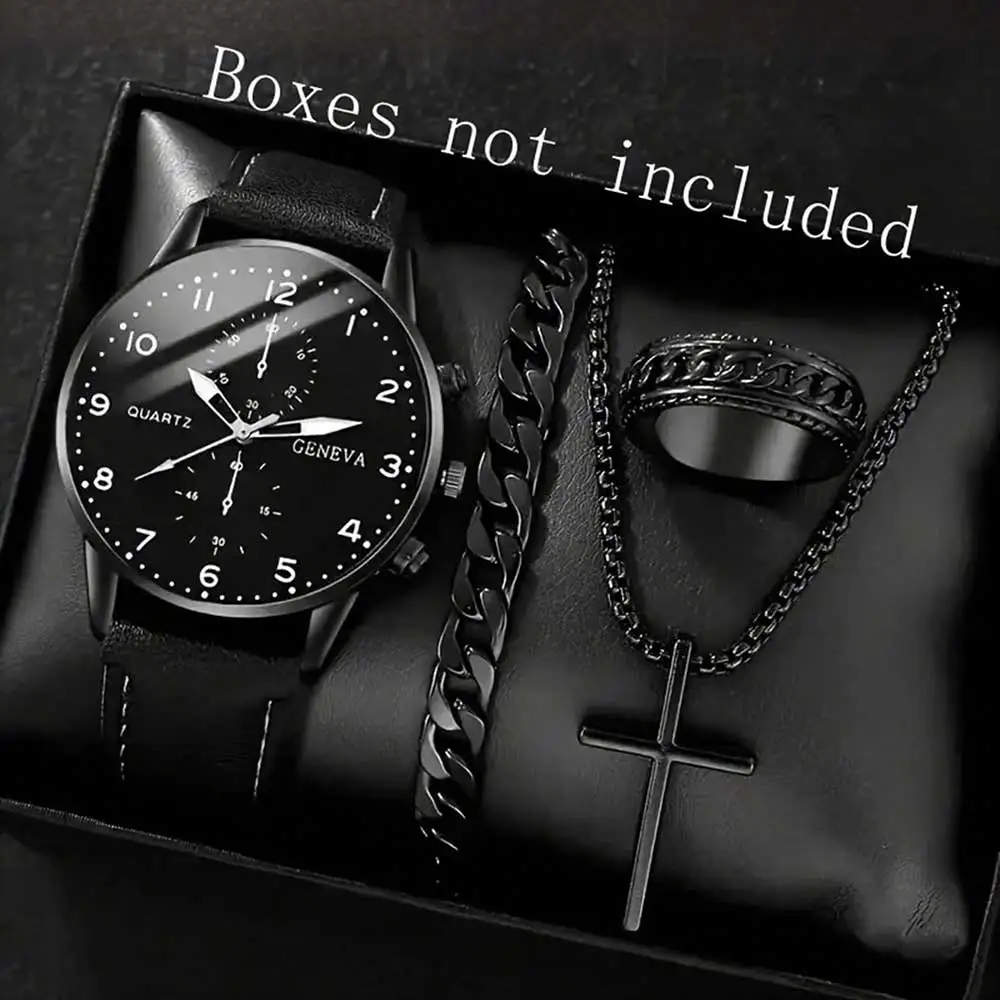 

4 шт., комплект деловых мужских часов, модные модные кварцевые часы, браслет, ожерелье, серьги, комплект колец, идеальный подарок для друзей или папы