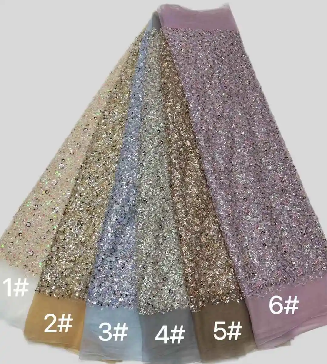 High-End หรูหราภาษาฝรั่งเศสคําเย็บปักถักร้อย Heavy เจ้าบ่าวลูกปัดลูกไม้ผ้าเลื่อม 5 หลาคุณภาพสูง Materiel สําหรับชุดปาร์ตี้