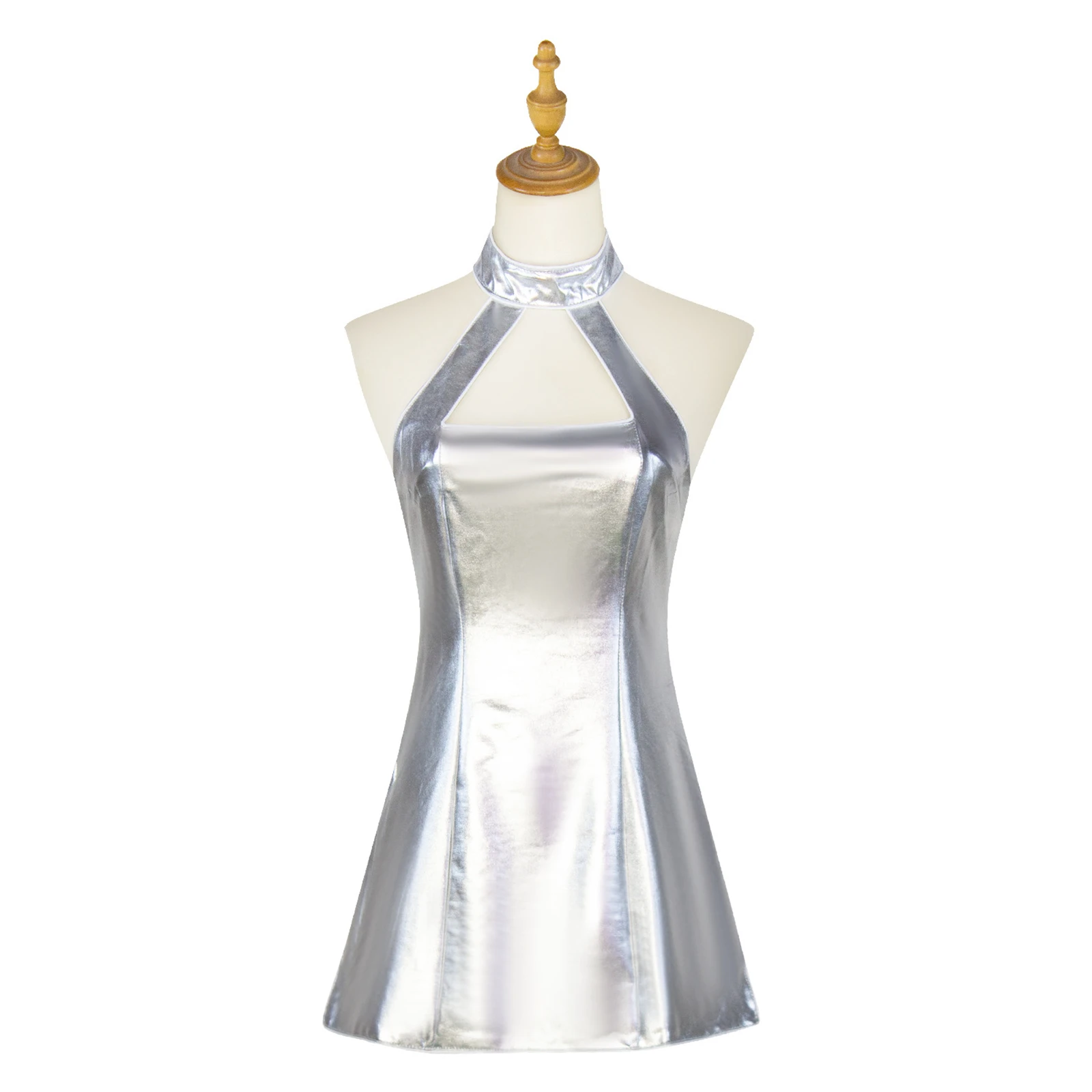 Disfraz de Cosplay de Elizabeth Hurley, Vestido Sexy Plateado con Tirantes Finos y Cuello Halter para Mujer, Estilo Vanessa Kensington, para Fiesta de Halloween