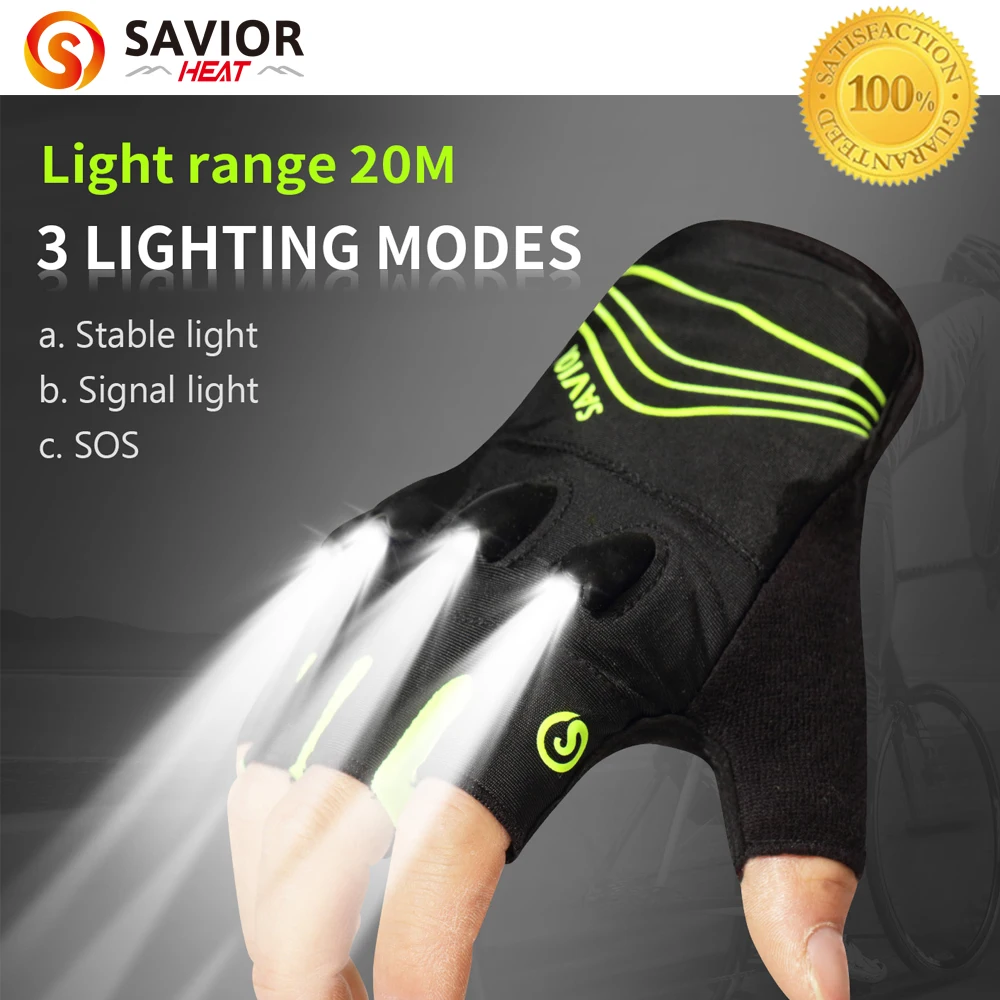 

Savior LED Flashlight Gloves Luminous Summer Breathable Half Finger Fingerless Fishing MTB Mountain Cycling Bicycle Gloves Men