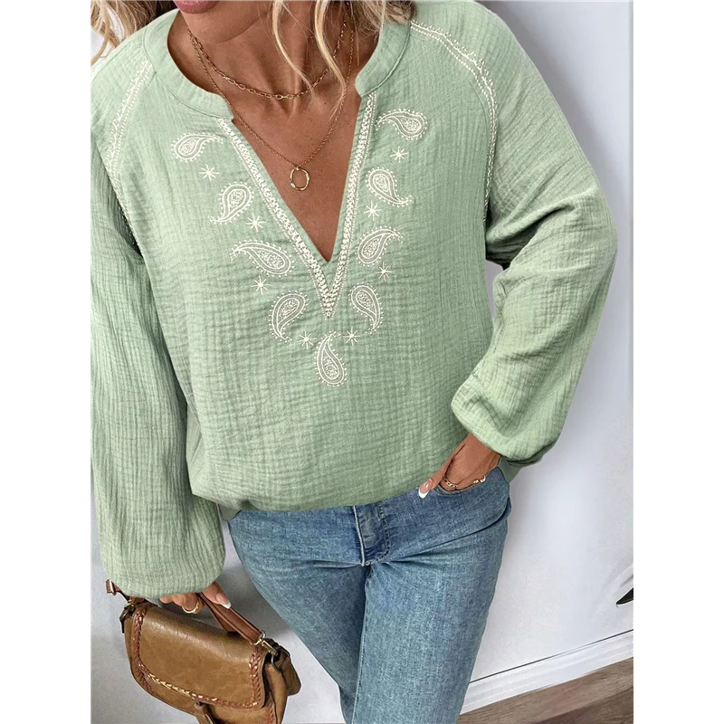 ASDS-Dames Boho Tops Lange mouw V-hals Borduurblouse Linnen overhemd