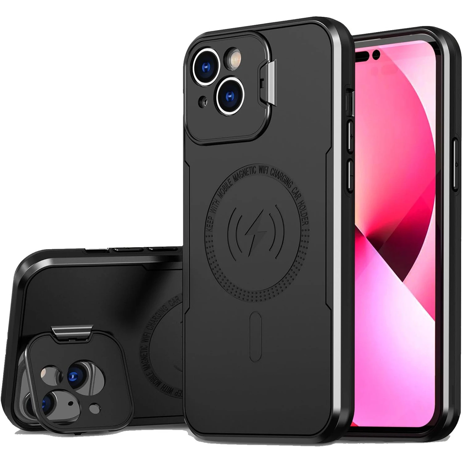

Magnetic Case for iPhone 15 Pro Max/15 Pro/15 Plus/15, Shockproof Cover with Kickstand Screen Camera Protection Shell
