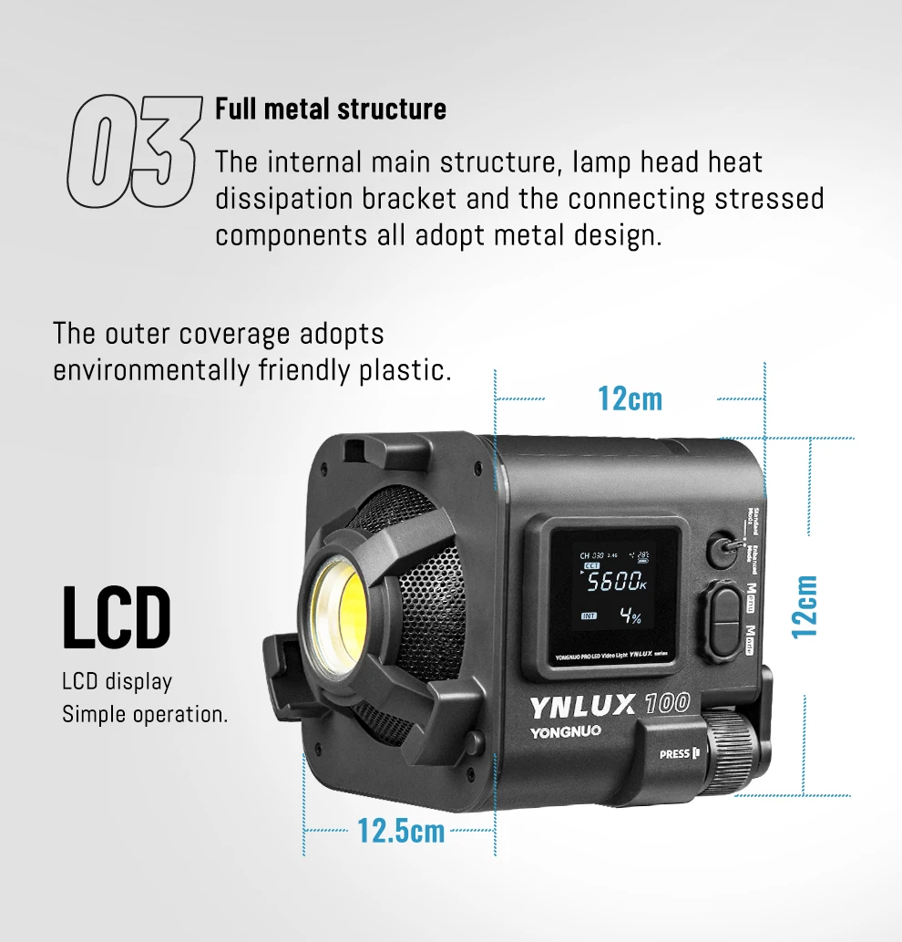 YONGNUO-Portátil Handheld LED Video Light, Fotografia ao ar livre, Estúdio ao vivo, Luz de preenchimento, Bi-Color, YNLUX100, 3200-6500k