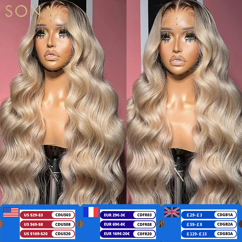 13x6 Ombre Ash Blonde With Root Colored HD Transparent Lace Front Wigs For Women Human Hair Body Wave Lace Frontal WIg