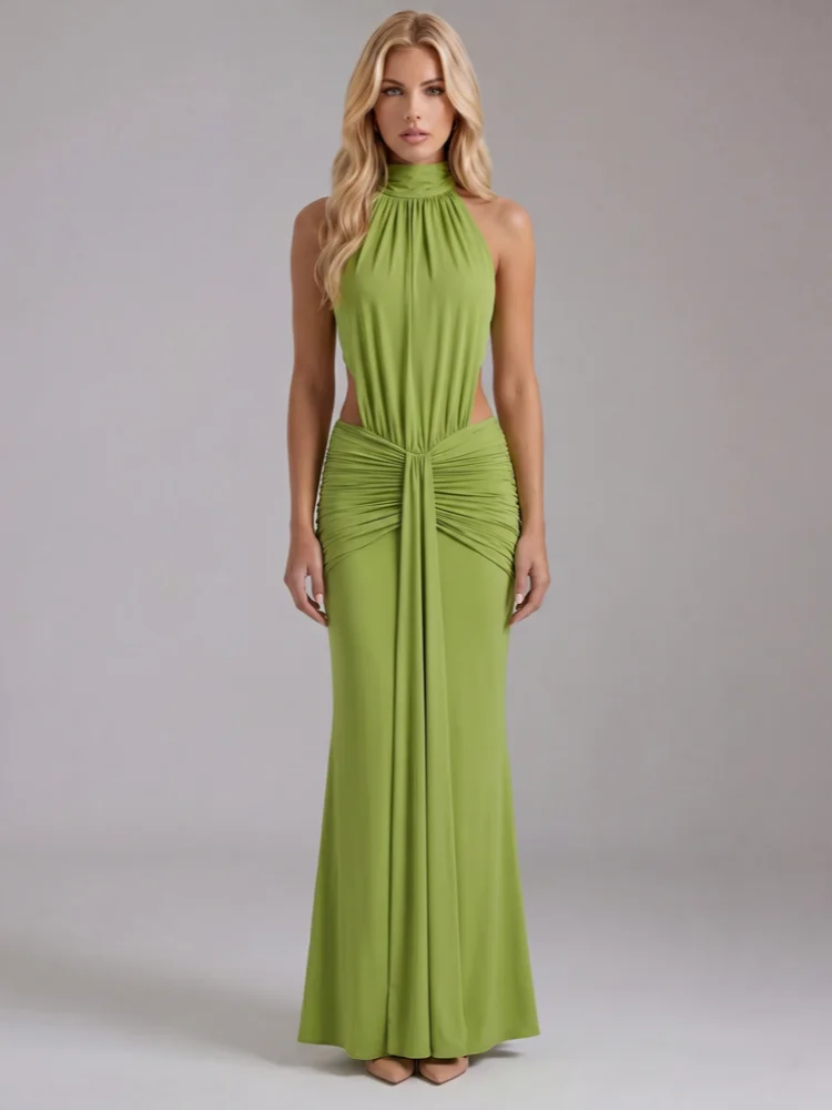 Sexy Halter Neck Backless Folds Draped Long Dresses Women Green Sleeveless Ruched Pleated Bodycon Dresses Evening Party Gowns
