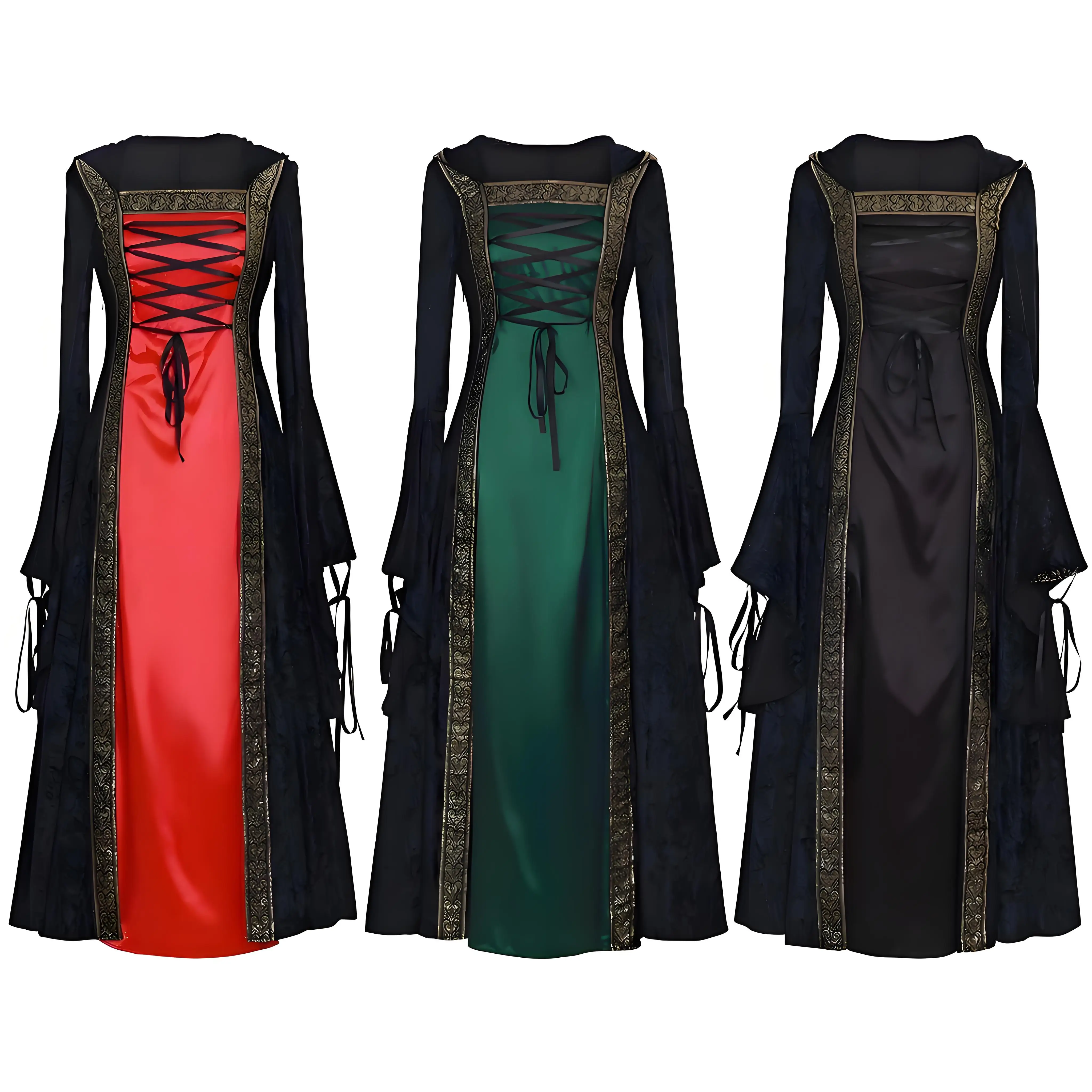 

Medieval Renaissance Vampire Witch Cosplay Costume Retro Women Witch Hooded Square Collar Dress Halloween Performance Clothing