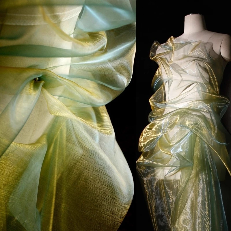 Transparent Ultra-Thin Yellow-Green Gradient Tulle Fabric for Gown Stage Wear Clothing Designer