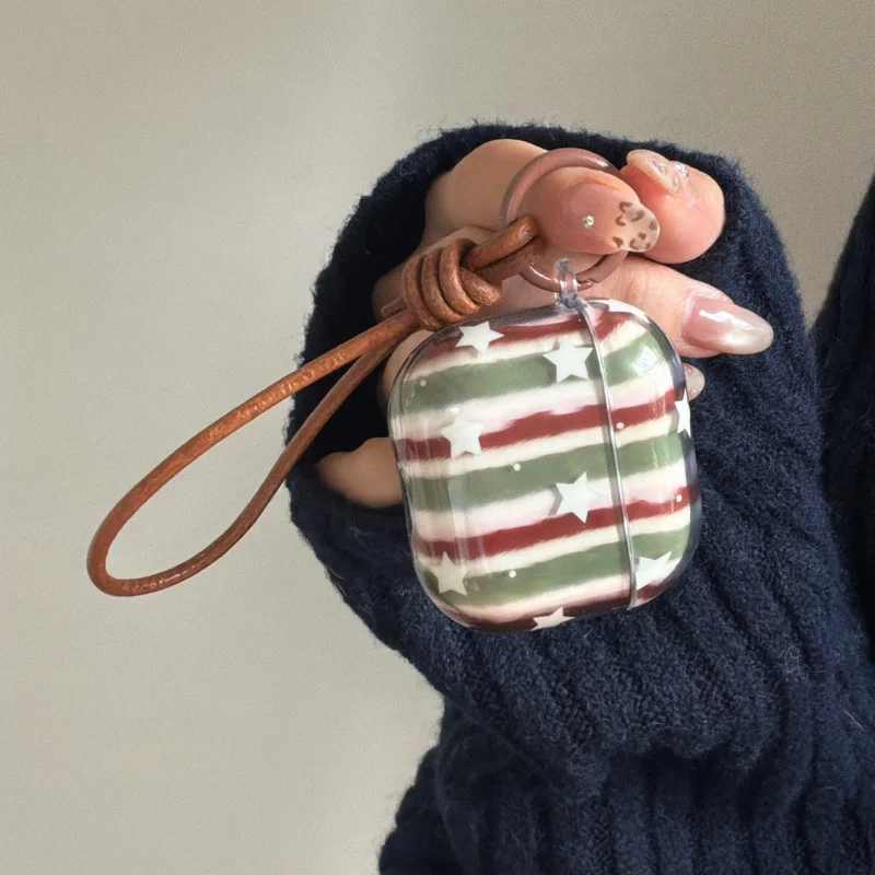 

Korean Green Red Stripes Earphone Case For Apple Airpods 4 3 2 Pro 3 Cover with Rope Silicone Headphone Charging Cases For Airpo