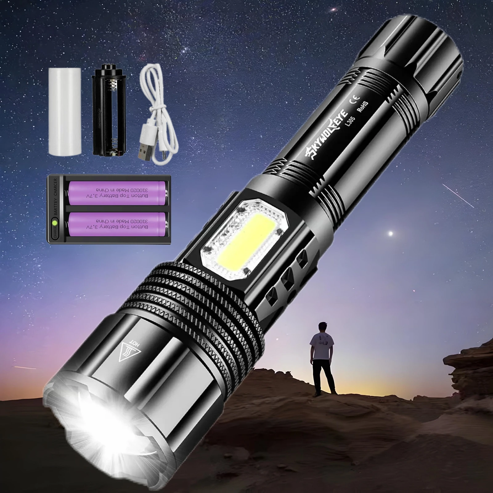 

Skywolfeye XHP50 LED Flashlight Rechargeable USB High Lumens Torch with 2 Charging Slots Batteries for Home Outdoor Use