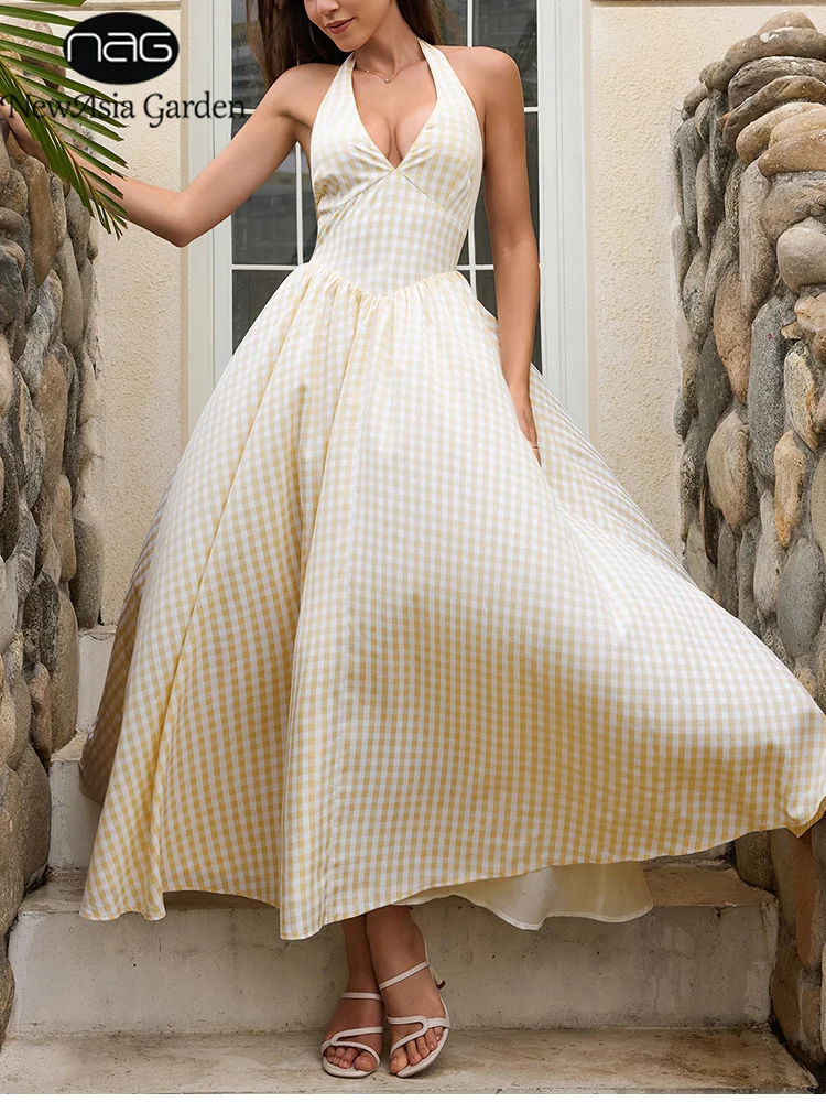 NewAsia Sexy kariertes Neckholder-Midikleid für Damen, V-Ausschnitt, schulterfrei, rückenfrei, zum Binden, gerüscht, A-Linie, elegante lange Kleider für den Sommer