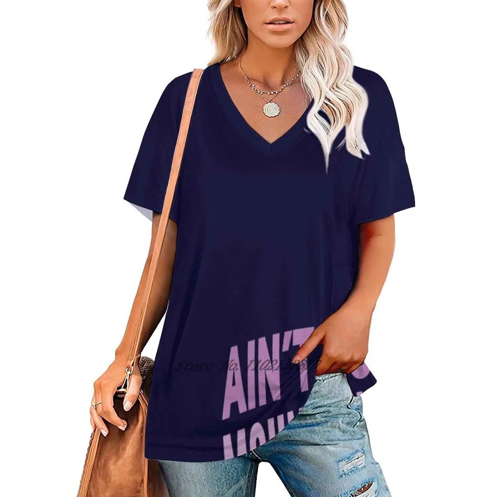 Aint No Mountain High Enough Women's Clothing V-Neck Tops Zipper Tee Ladies Casual Sexy T-Shirt Marvin Marvin Marvin Marvin