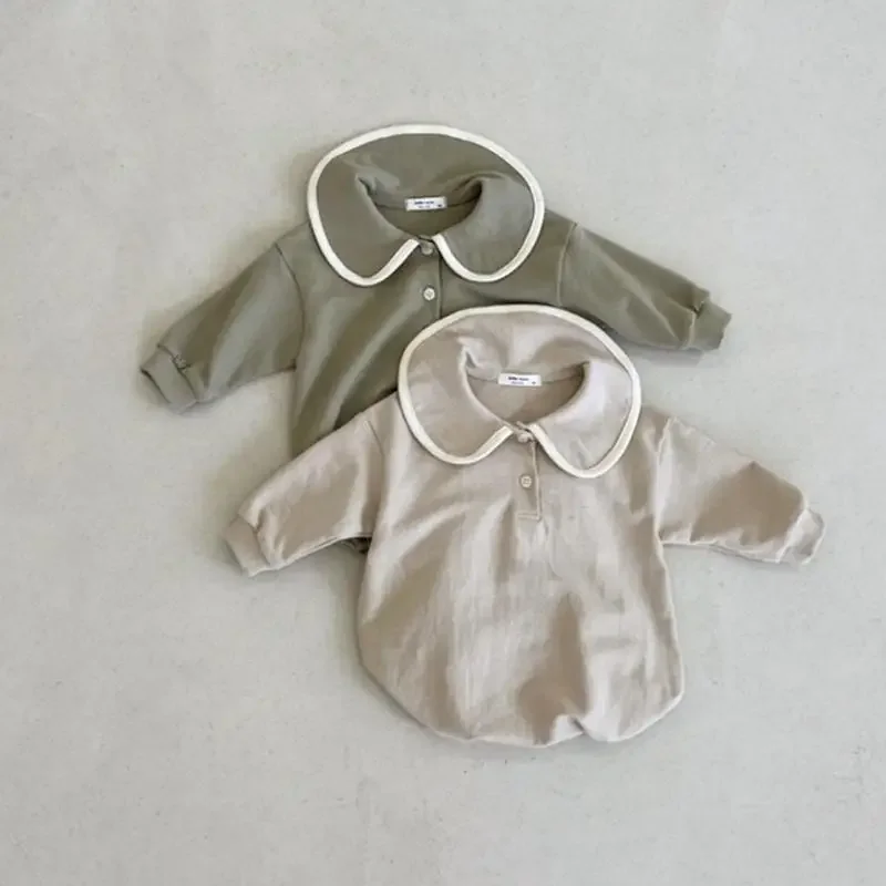 2024 Autumn New Baby Long Sleeve Bodysuit Loose Infant Girl Large Lapel Clothes Newborn Toddler Boy Cotton Jumpsuit 0-24M