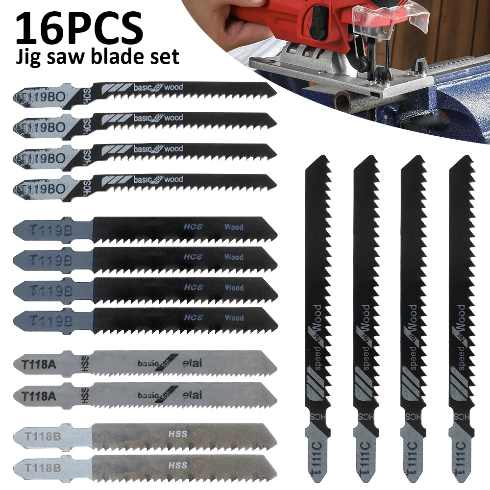 16Pcs Jig Saw Blade Jigsaw Blades Set T Shank Metal Wood Fast Cutting Woodworking Tool T119BO/T119B/T111C/T118B/T118A Saw Blade