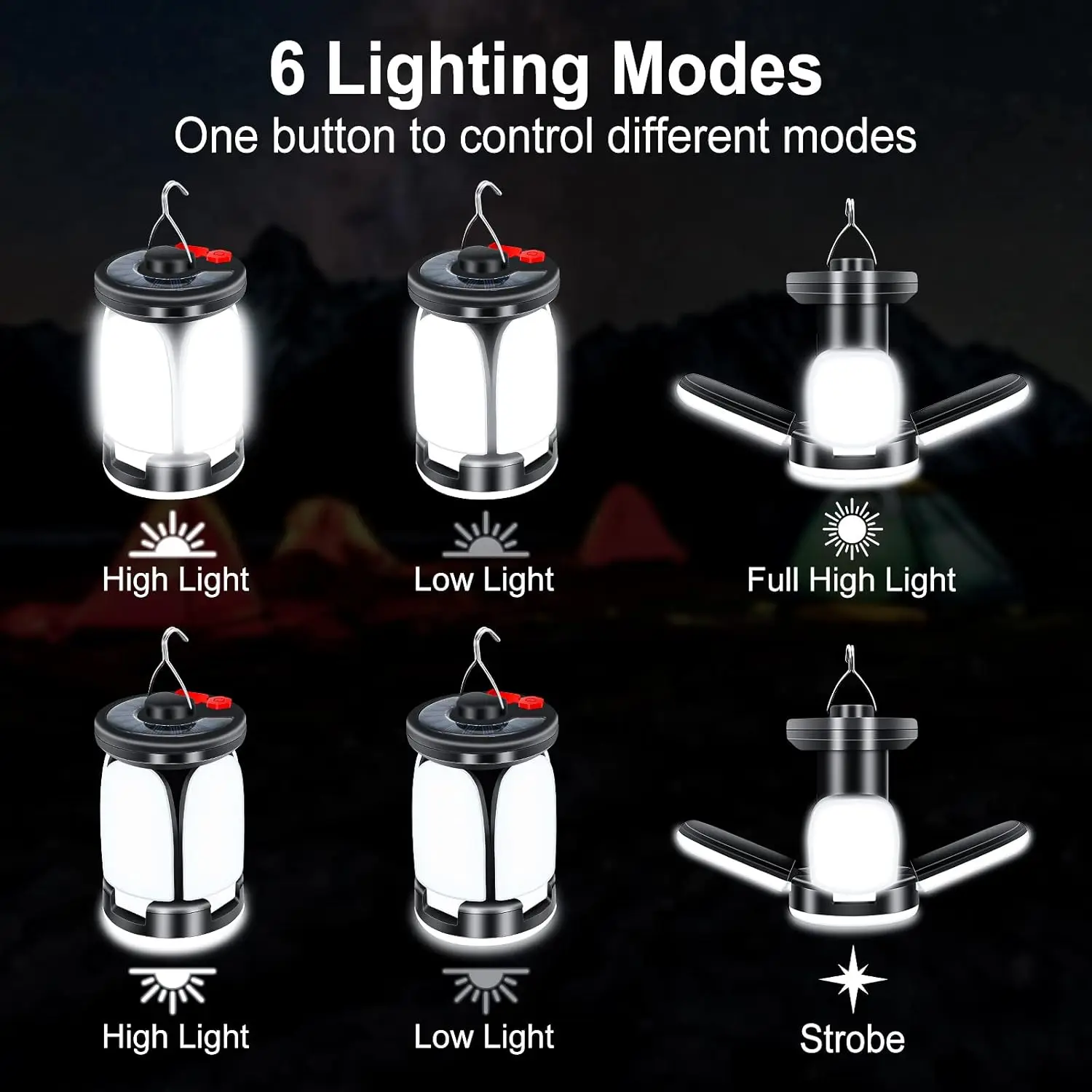 1-5PCS Camping Lantern LED Lamp with 6 Light Modes Ultra Bright LED Tent Lamp USB & Solar Rechargeable Hiking Lights for Fishing