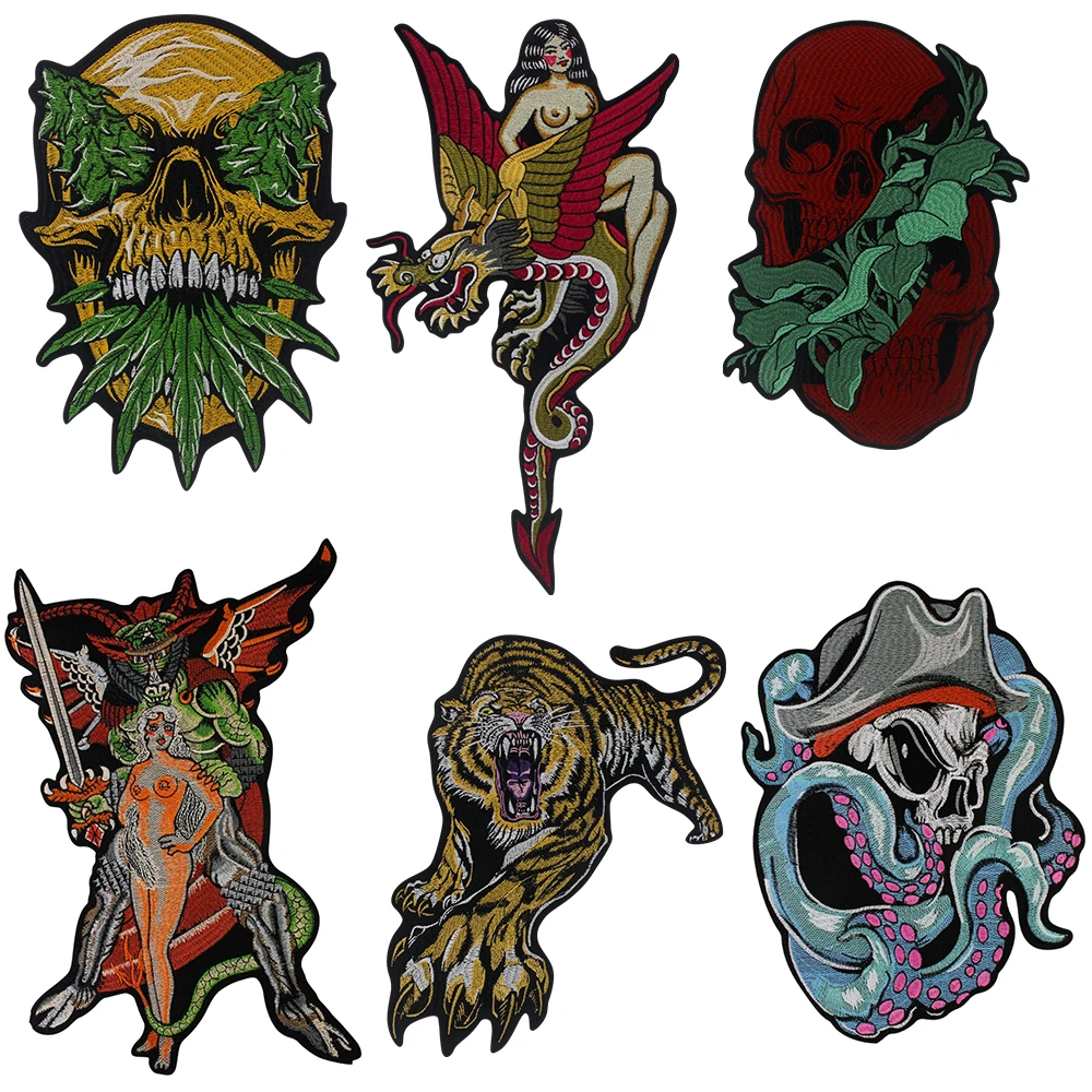 Large Punk Snake Skull Octopus Patches Big Monsters Beauty Dragon Girl Tiger Embroidery Iron on Clothing Motorcycle Applique Bac