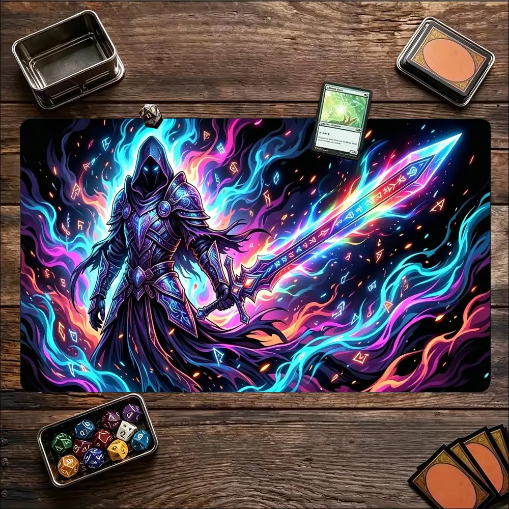 Gaming Desk Mat XXL Neon Cyber Warrior Sword Stitched Edge Anti-Slip Rubber Base Keyboard Mat for PC Gamer TCG Playmat Decor