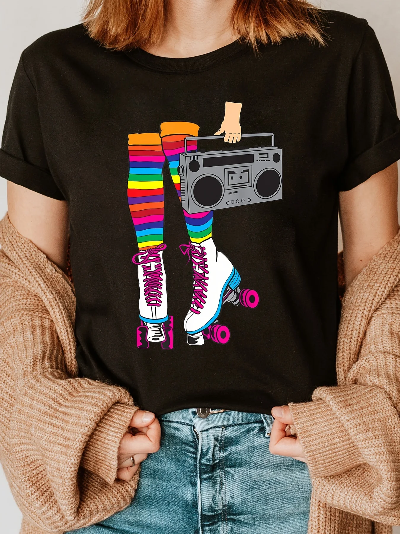 

Retro Rollerskates Print T-shirt, Short Sleeve Crew Neck Casual Top For Summer & Spring, Women's Clothing