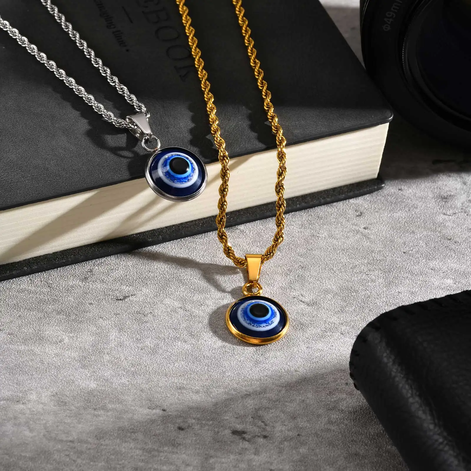 Stainless Steel Turkish Evil Eye Necklaces for Men, Blue Eye Round Pendant Necklace, Ethnic Collar Jewelry