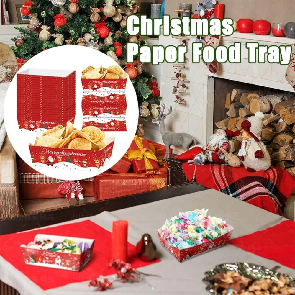 20Pcs Creative Christmas Paper Food Tray Thickened Paper Fast Food Package Box Red Household Christmas Party Supplies