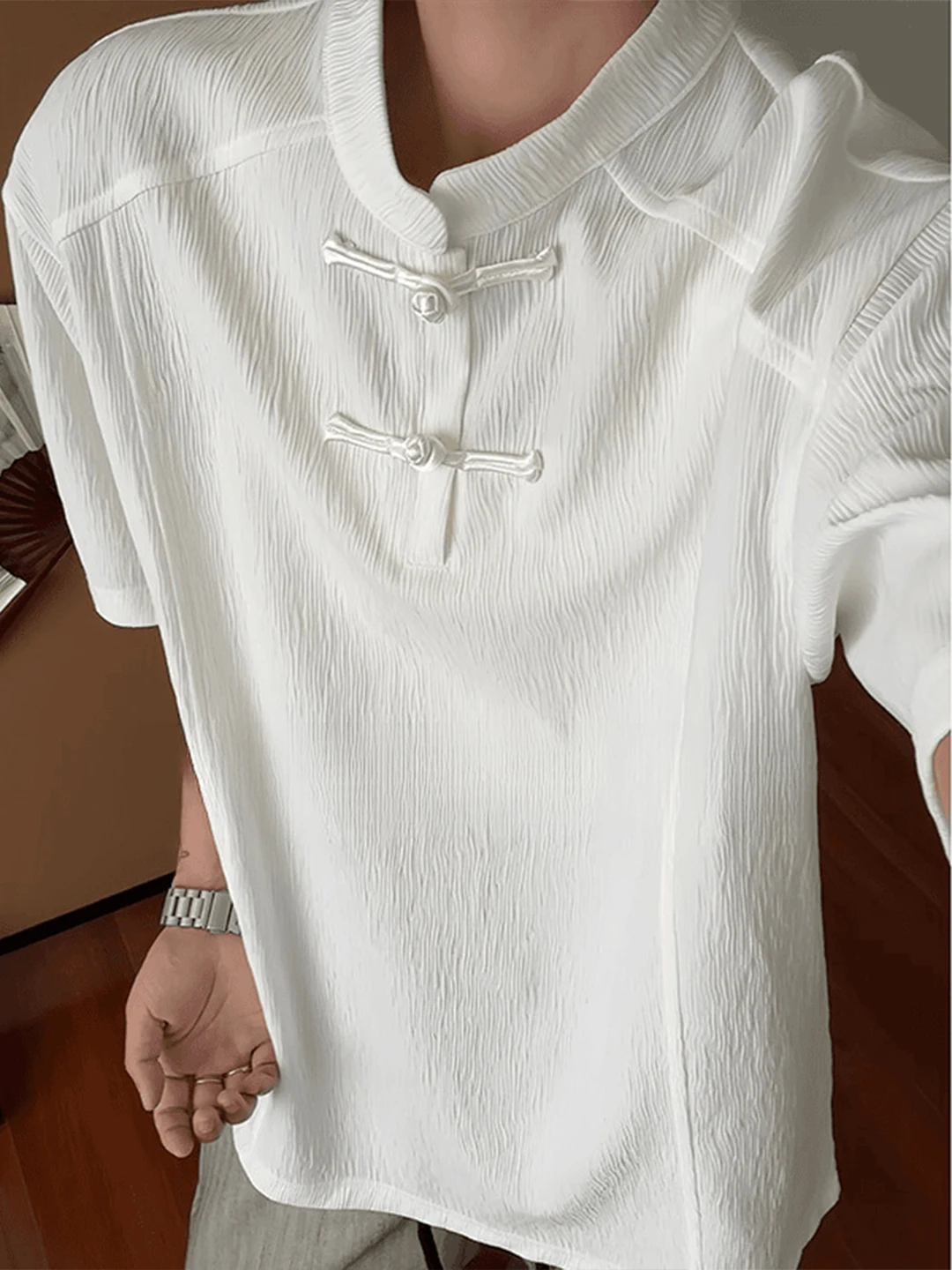 New Chinese Style Button up Henry Collar Short Sleeve Men's T-Shirt Summer Ice Silk Shoulder Width Regular Tree Bark Pattern