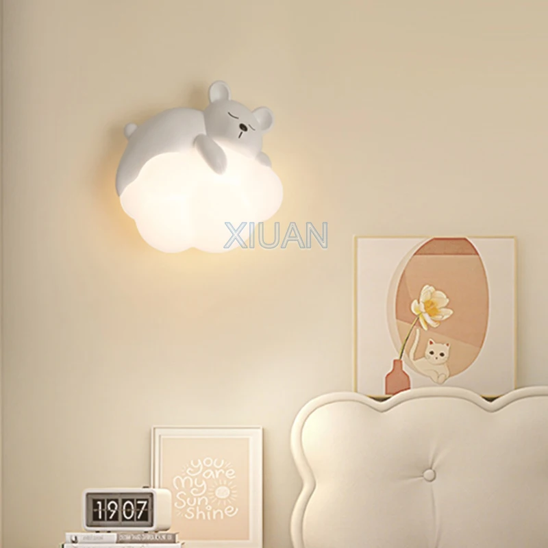 White Cloud Wall Light Resin Bear Bedside Lamps Cartoon Children's Room Wall Lamp Eye Protection Baby Kids Girl Boy Nursery Room